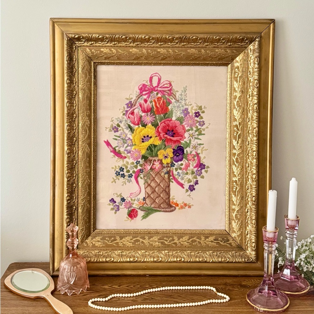 Vintage 1960’s Floral Embroidery With Bow in Ornate Gold Frame